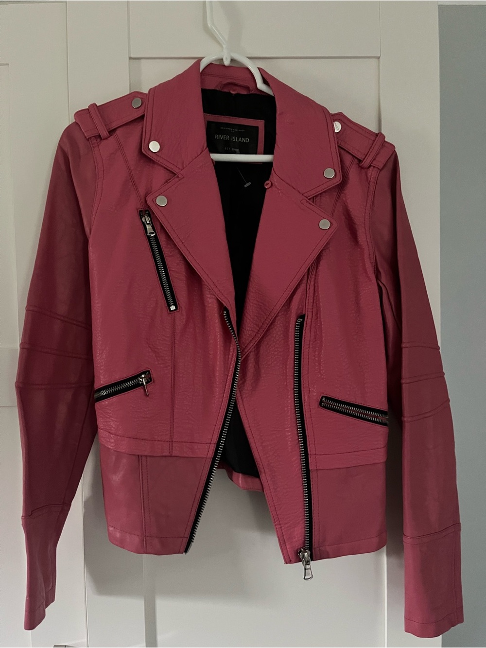 River Island Rose Pink Faux Leather Biker Jacket. Tag says 10, fits like an 8
